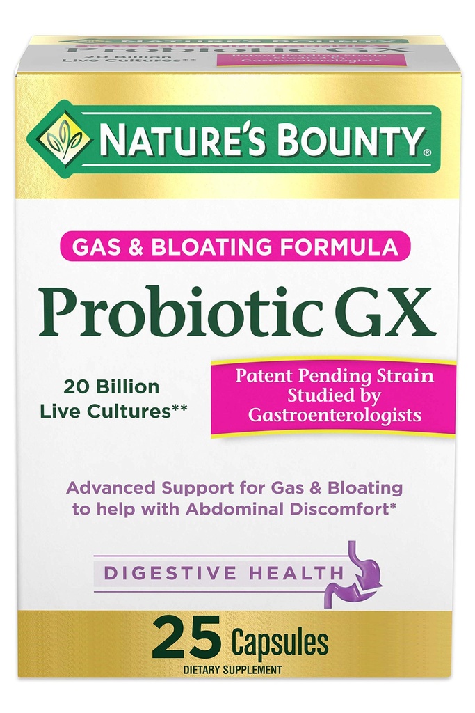 Nature's Bounty Probiotic GX, helpt met Occasional Gas en Bloating, Dieetsupplement, Digestieve Gezondheid, 25 Capsules