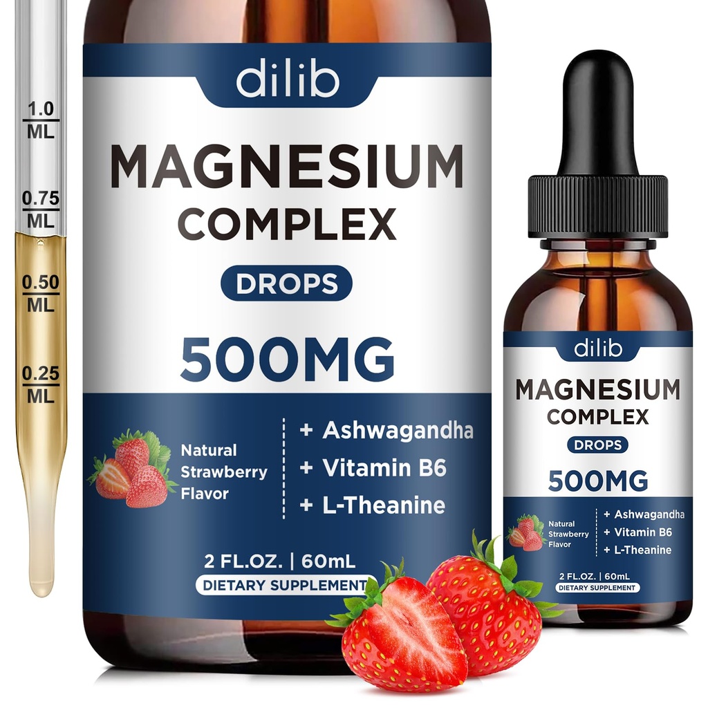 Triple Magnesium Complex Supplement-Magnesium Glycinate, Citrate, Malate Liquid Drops 500mg met Ashwagandha, L-Theanine, Vitamine B6 voor Stress Relief, Slaap, Spierondersteuning-Strawberry Flavor