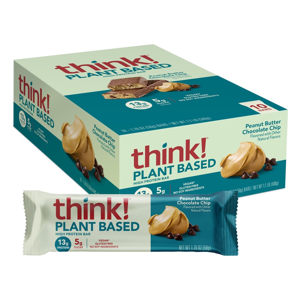 Denk na! Vegan/Plant Based High Protein Bars - Peanut Butter Chocolate Chip, 13g Proteïne, 5g Suiker, Geen kunstmatige zoetstoffen, Niet GGO Project Geverifieerd, 10 Tel (Verpakking mei Vary)