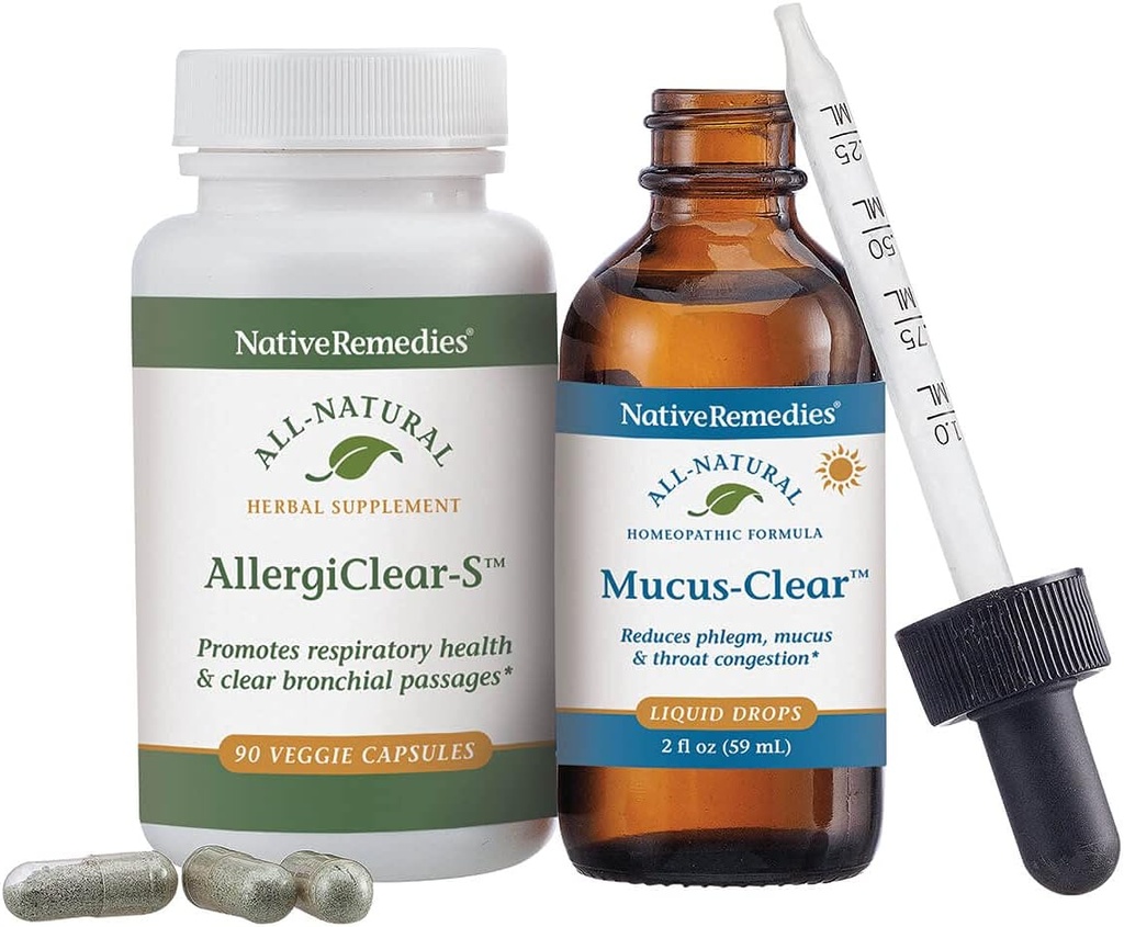 Native Remedies Clear Sinus & Throat ComboPack - Natural Homeopathische Mucus-Clear voor Phlegm en Congestie en Herbal Supplement AllergiClear-S voor de ademhaling gezondheid en functie
