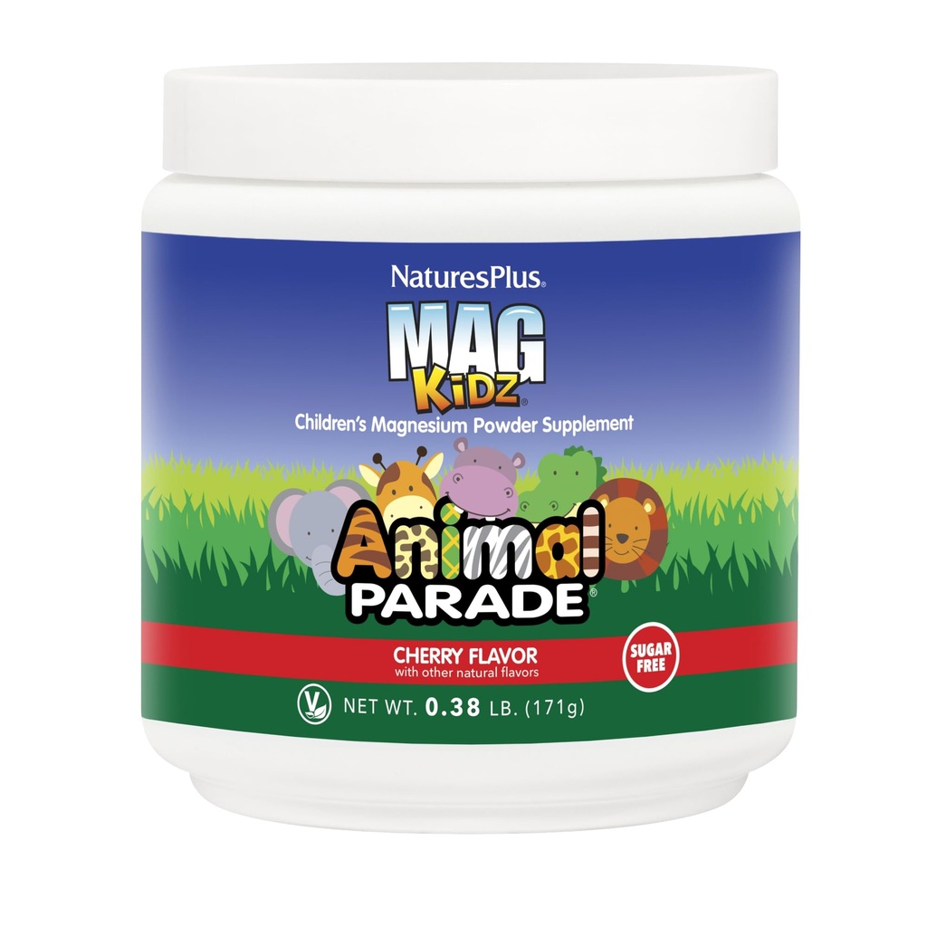 NaturesPlus Animal Parade MagKidz, Cherry smaak - 0,38 lb - Kinderen Magnesium poeder supplement - bot en spier gezondheid ondersteuning - Glutenvrij, suikervrij - 45 porties