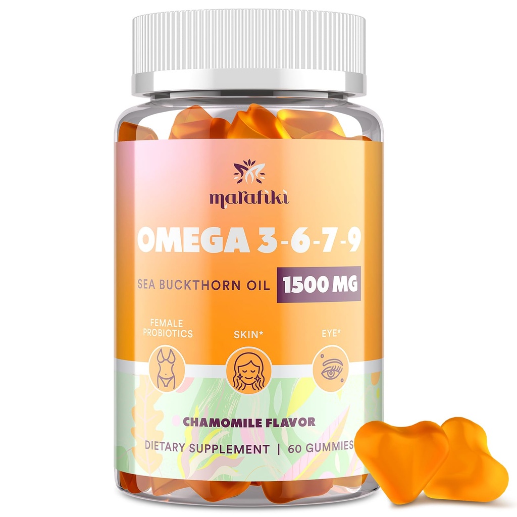 Omega 3 6 7 9 Gummies for Women - Omega 3 Supplement with Sea Buckthorn Oil, Flaxseed Oil, Vitamins E, A & Probiotics - Skin, Eye & Dryness, Kamille Flavor - 60 Gummies