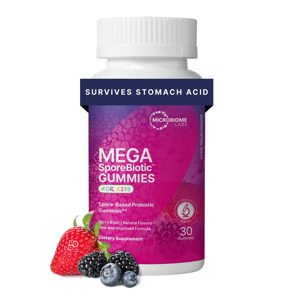 Microbiome Labs MegaSporeBiotic Kids Probiotic - Spore Based Gummy Probiotics for Kids - Ondersteuning Gut Health & Immunity met Bacillus Probiotic Blend - Berry Flavored (30 Gummies)