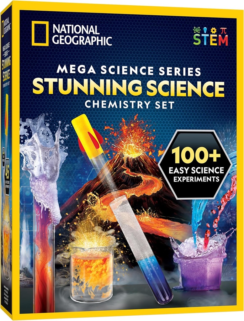 National Geographic Stunning Chemistry Set - Mega Science Kit met 45 Easy Experiments- Maak een vulkaan en lanceer een raket, STEM-projecten voor kinderen 8-12, Science Toys (exclusive)