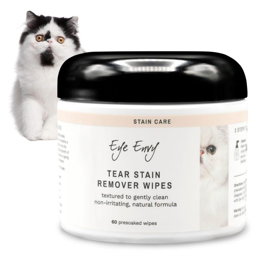 Eye Envy Tear Stain Wipes for Cats. Textured to Gently Clean, Treats The Oorzaak van Staining. 100% natuurlijke formule. Aanbevolen door Persian & Exotic Breeders, Veters, Groomers. USA Made. 60 Cat Eye Wipes