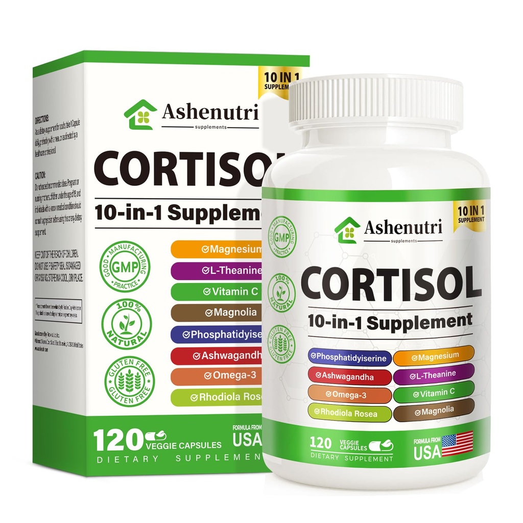 Supplément de cortisol 10-en-1 avec Magnésium,Ashwagandha,Rhodiola Rosea,L Theanine,Hormone Balance pour Femmes 120 Capsules Vegan