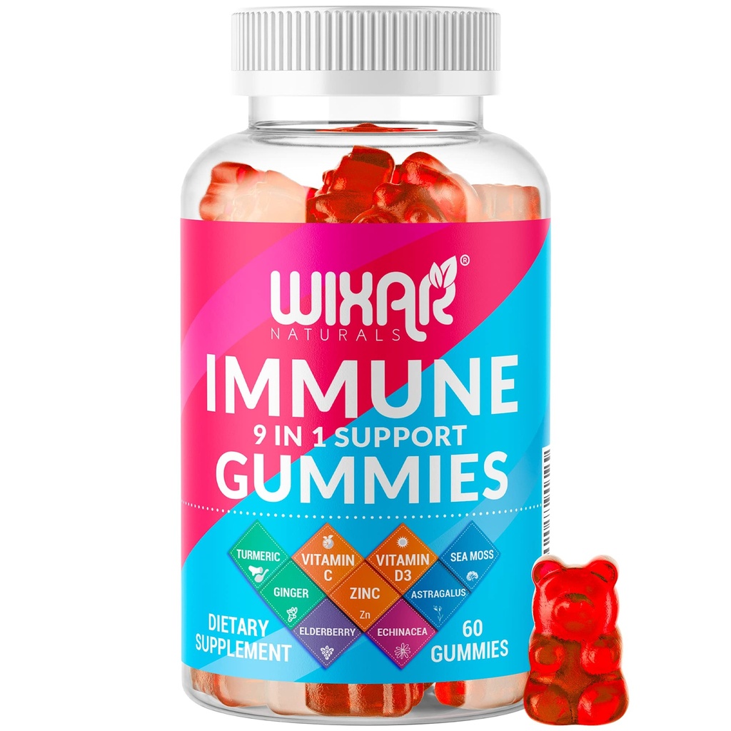 Gommies de soutien immunitaire 9 en 1 avec baies aînées, vitamine C et D, zinc, curcuma, gingembre, échinacée, astragale et mousse de mer pour supplément d'immunité - 60 Gommies