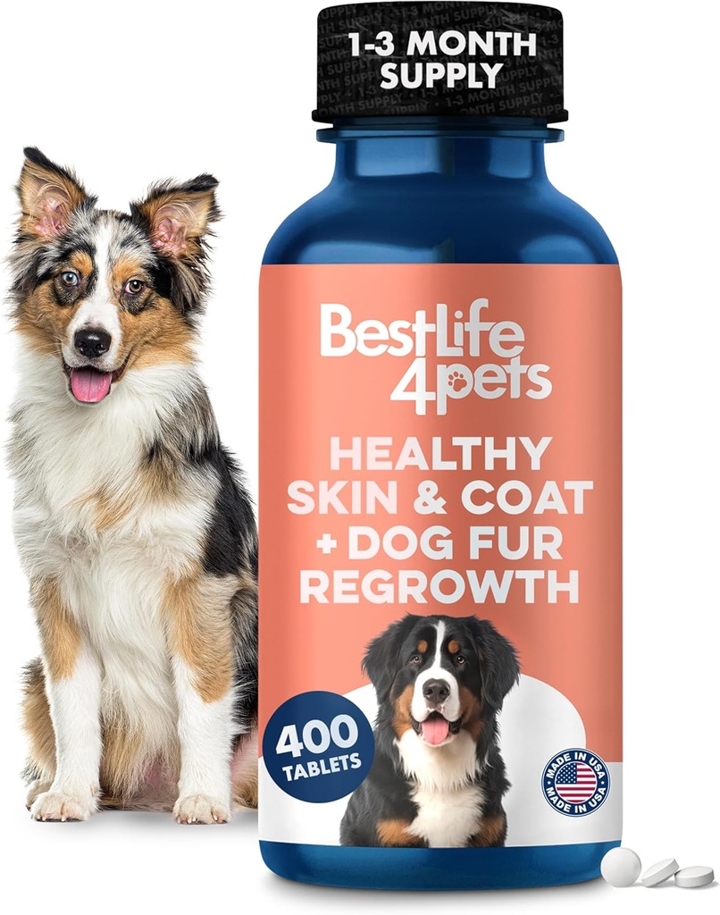 Natuurlijke huid & jas supplement voor honden, grote en kleine, hond anti jeuk verlichting voor droge huid, huiduitslag, Allergie of irriteren, vermindert vergieten, roos en ondersteunt honden haargroei, 400 kleine pillen