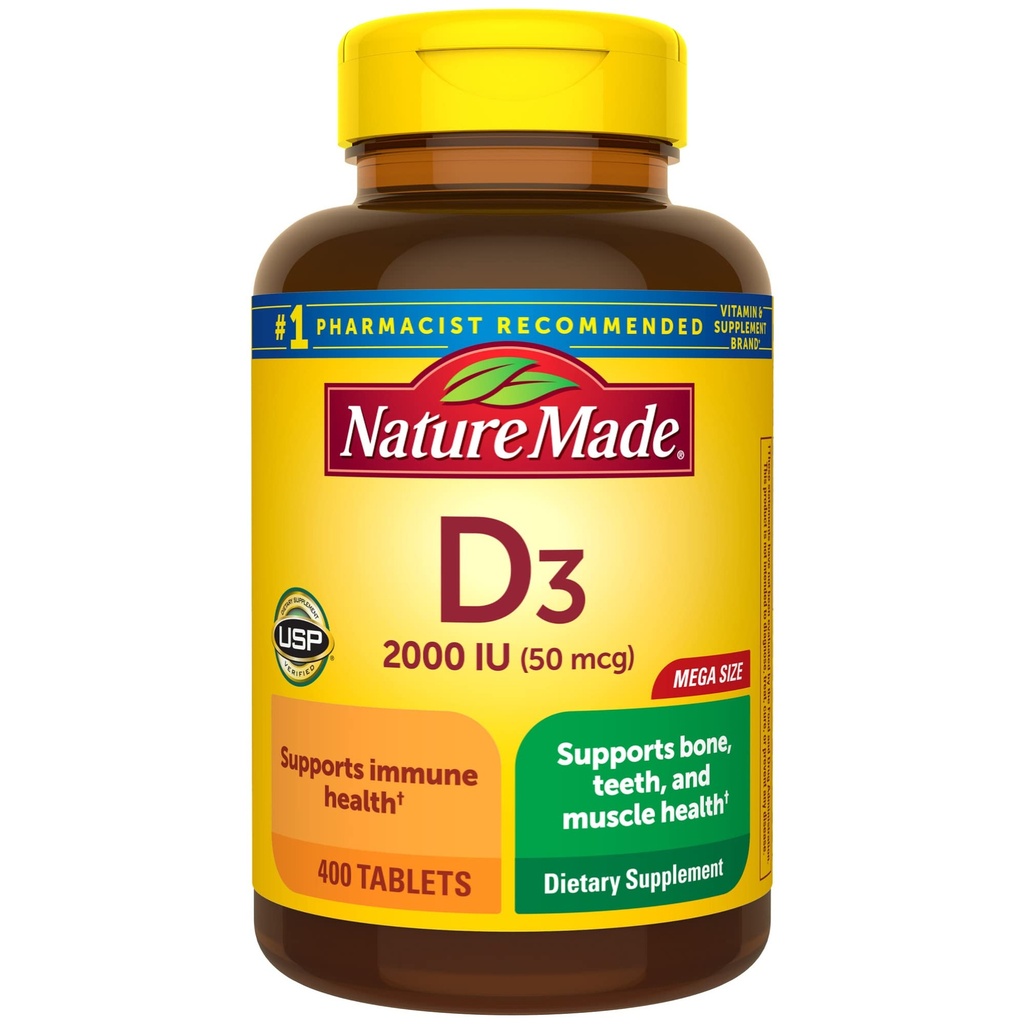 Nature Made Vitamin D3 2000 IE (50 mcg), Vitamine D Supplement voor bot, tanden, spier- en immuungezondheidsondersteuning, 400 tabletten, 400 dagen