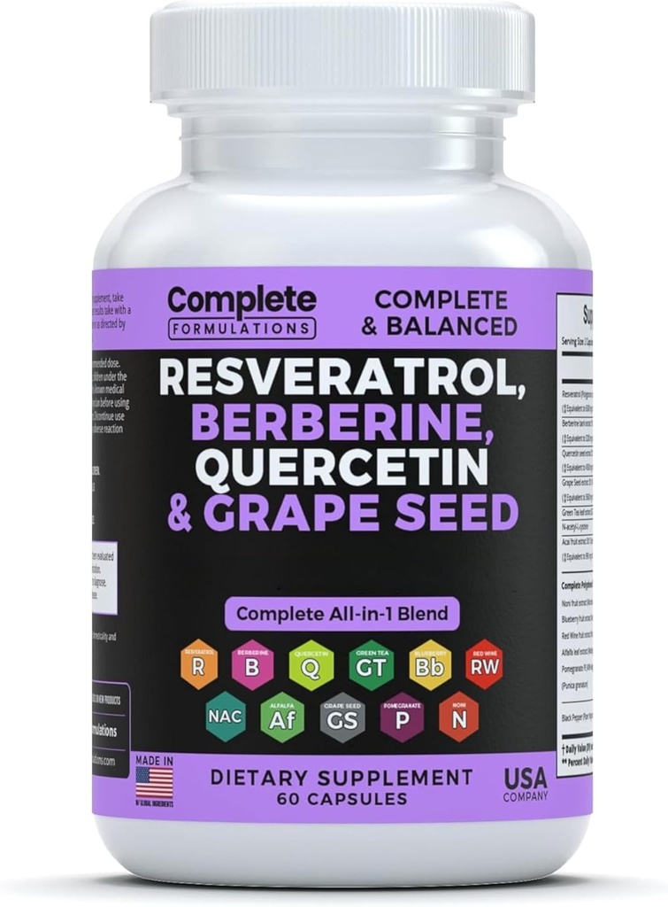 Resveratrol Supplement met quercetine, berberine, druivenzaadextract en polyfenol Blend voor huidgezondheid, immunosupport & antioxidant Boost