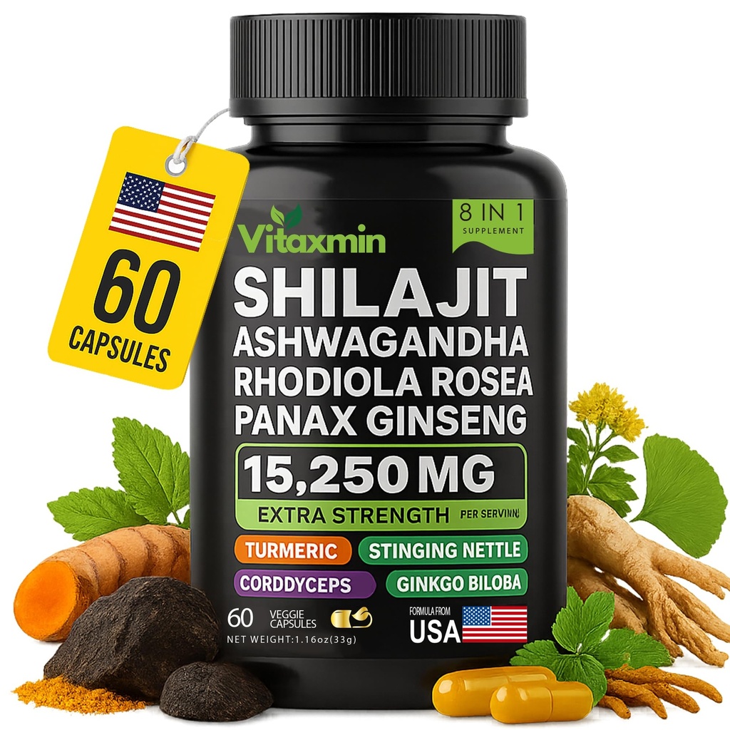 Shilajit en Ashwagandha Capsules, 8-in-1 Herbal Multivitamine voor mannen en vrouwen, met Rhodiola Rosea, Ginseng en Stinging Nettle, Shilajit voor mannen en vrouwen