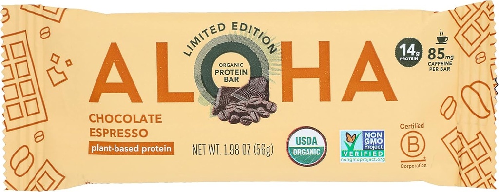 Aloha Organic Chocolate Espresso Protein Bars, 14g Plant Based Protein, 85mg Cafeïne, USDA Certified Organic, Gluten Free & Non-GMO, 1,98 Oz (Pack of 12)