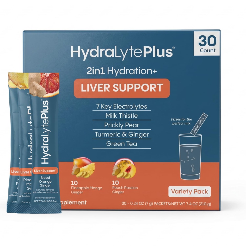 Support du foie Hydralyte + Mélange d'électrolyte avec le chardon de lait, le curcuma, le gingembre, la poire piquante, l'extrait de thé vert préparé pour une réhydratation rapide (Variety Flavor, 30 paquets)