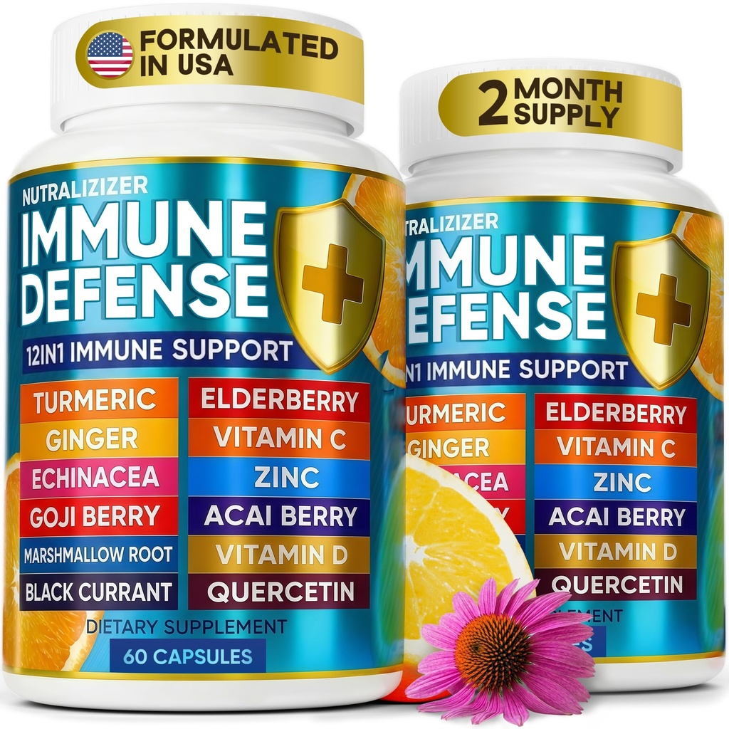 12 in 1 Premium Immune Defense Vitamines - Immune Supplement w/Vitamine D3 5000 IE Vitamine С 1000mg Zinс 50mg - Luxe keuze voor Premium Immune Ondersteuning - met Echinacea Elderberry en Gember - 120 Caps