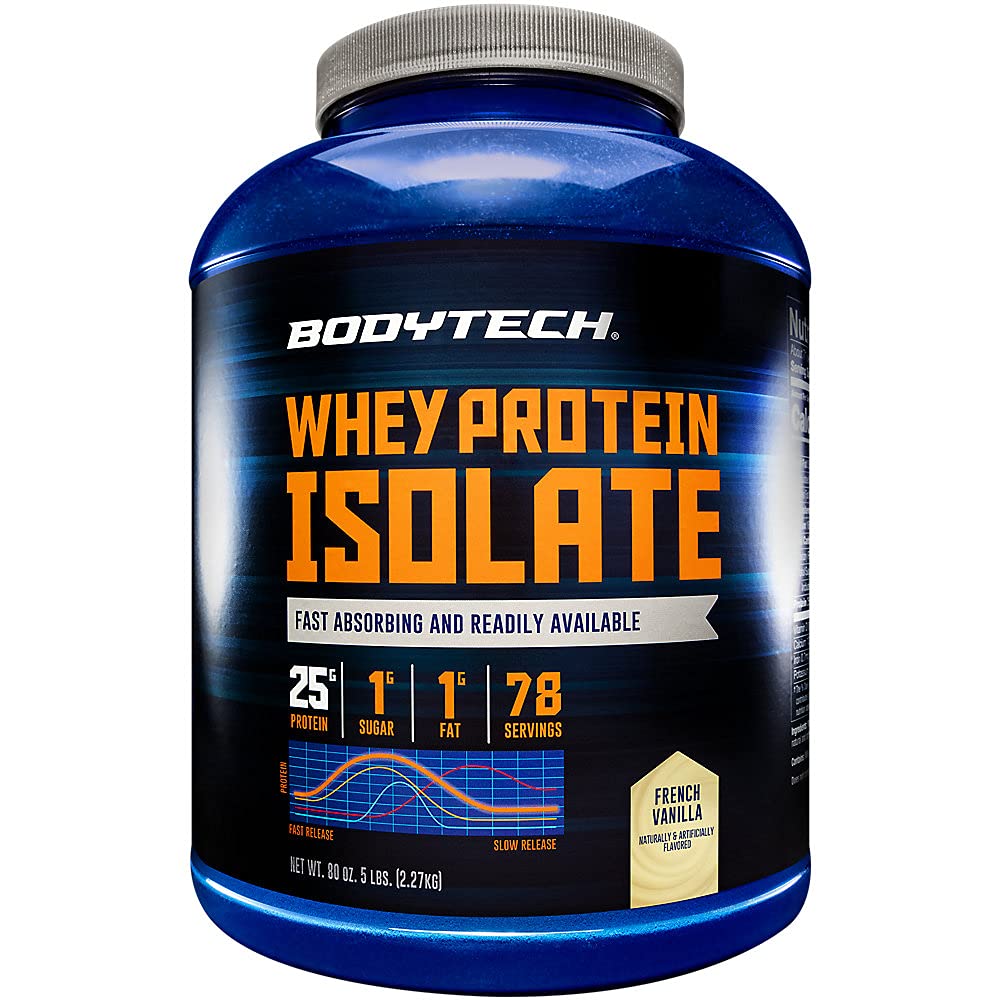 BODYTECH Wei Protein Isolaatpoeder - met 25 Gram eiwit per portie & BCAA's - Ideaal voor post-workout spieropbouw & groei, Bevat melk & soja - Vanille (5 pond)