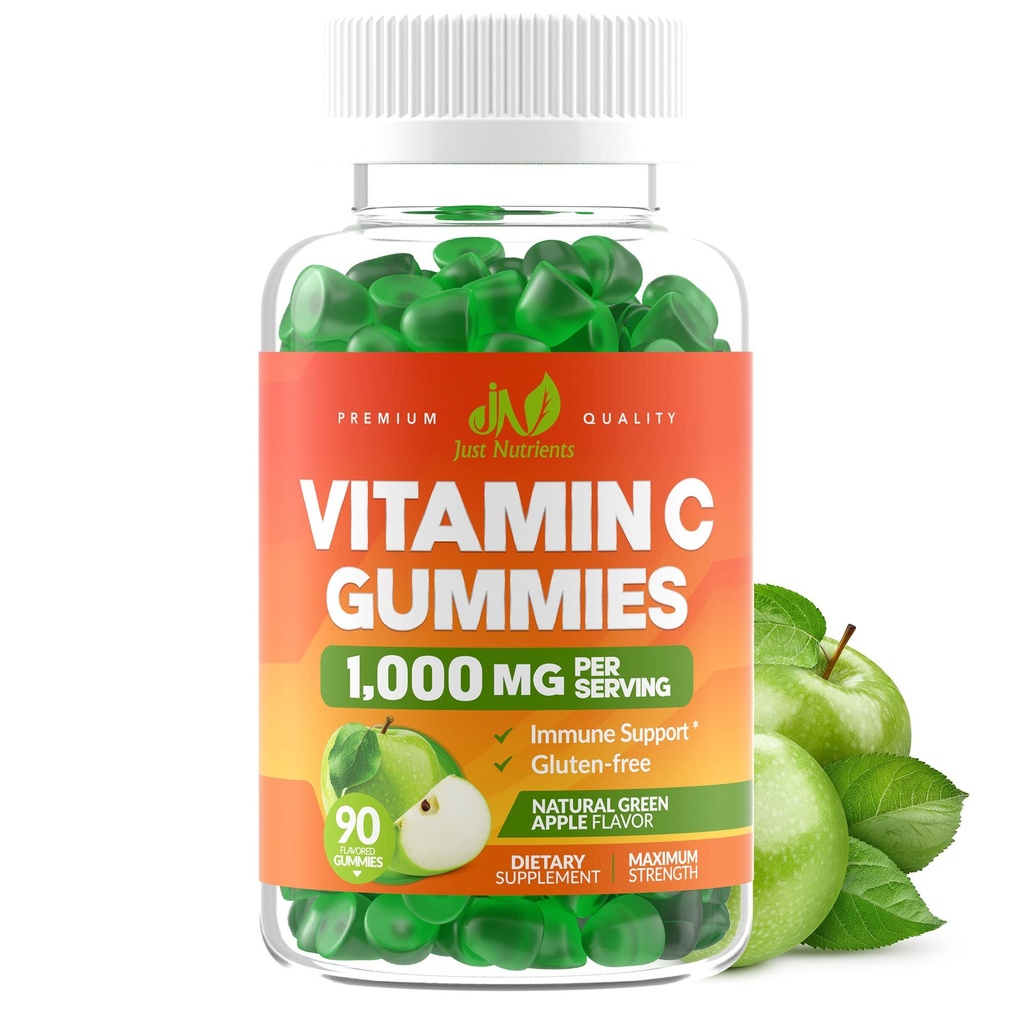 Vitamine C Gommies 1000mg pour les adultes et les enfants - maximum de force de soutien à l'immunité à croquer, soutien au collagène - Saveur de pomme verte aigre - sans gluten, sans OGM, végétarien - 90 Gommies (30 portions)