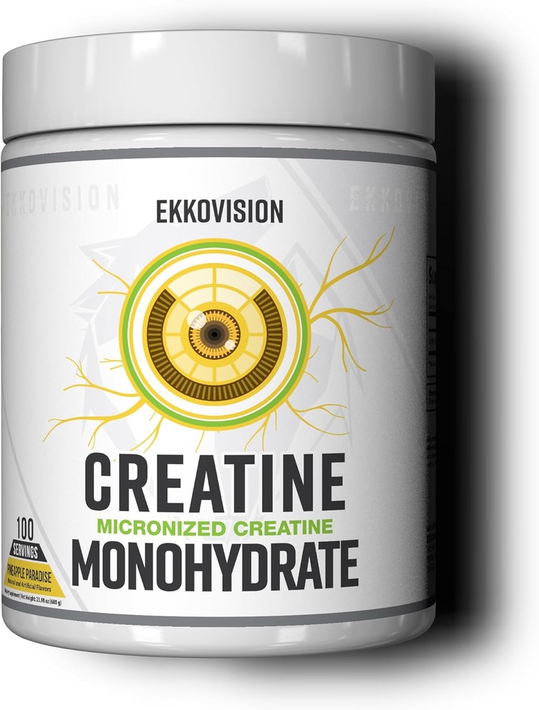 Ekkovision Creatine Monohydraat poeder, Micronized, Ananas Paradise, Pre Workout & Post Workout Supplement voor mannen en vrouwen, energie-ondersteuning, gemakkelijk te mengen in Shakes, Smoothies & Dranken, 100 Srvgs