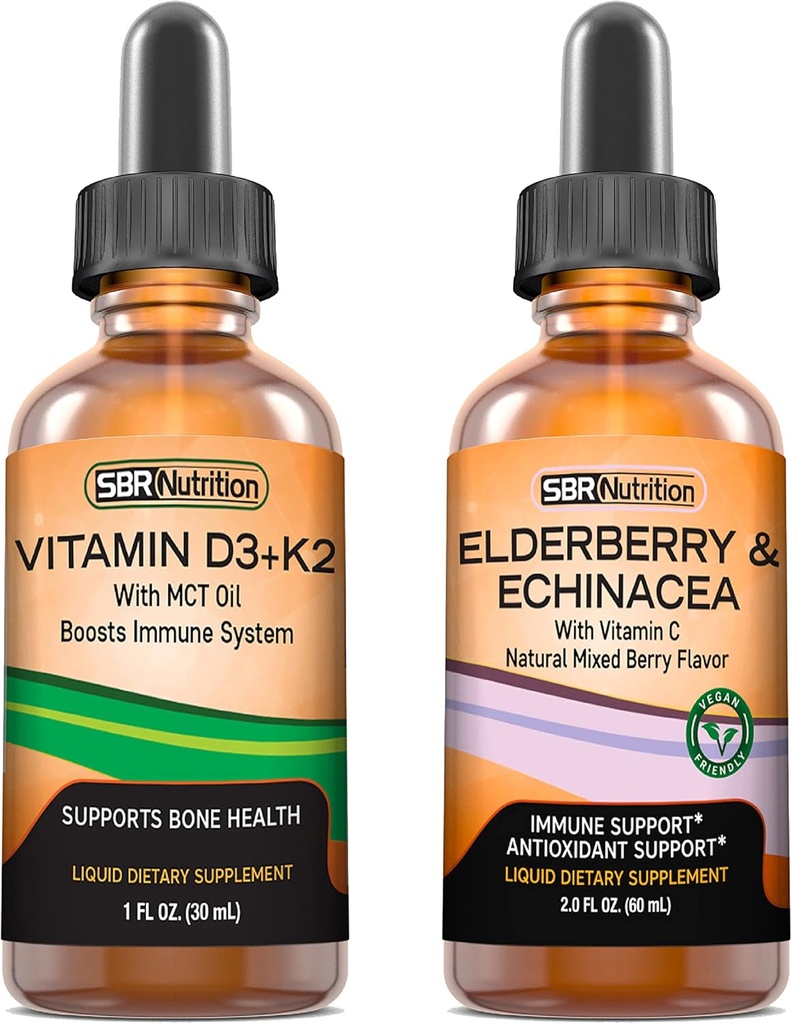 SBR Voeding D3+K2 en Vlierbessen Bundle Vitamine D3K2 (MK7) Vloeistofdruppels, pepermunt,1oz 
