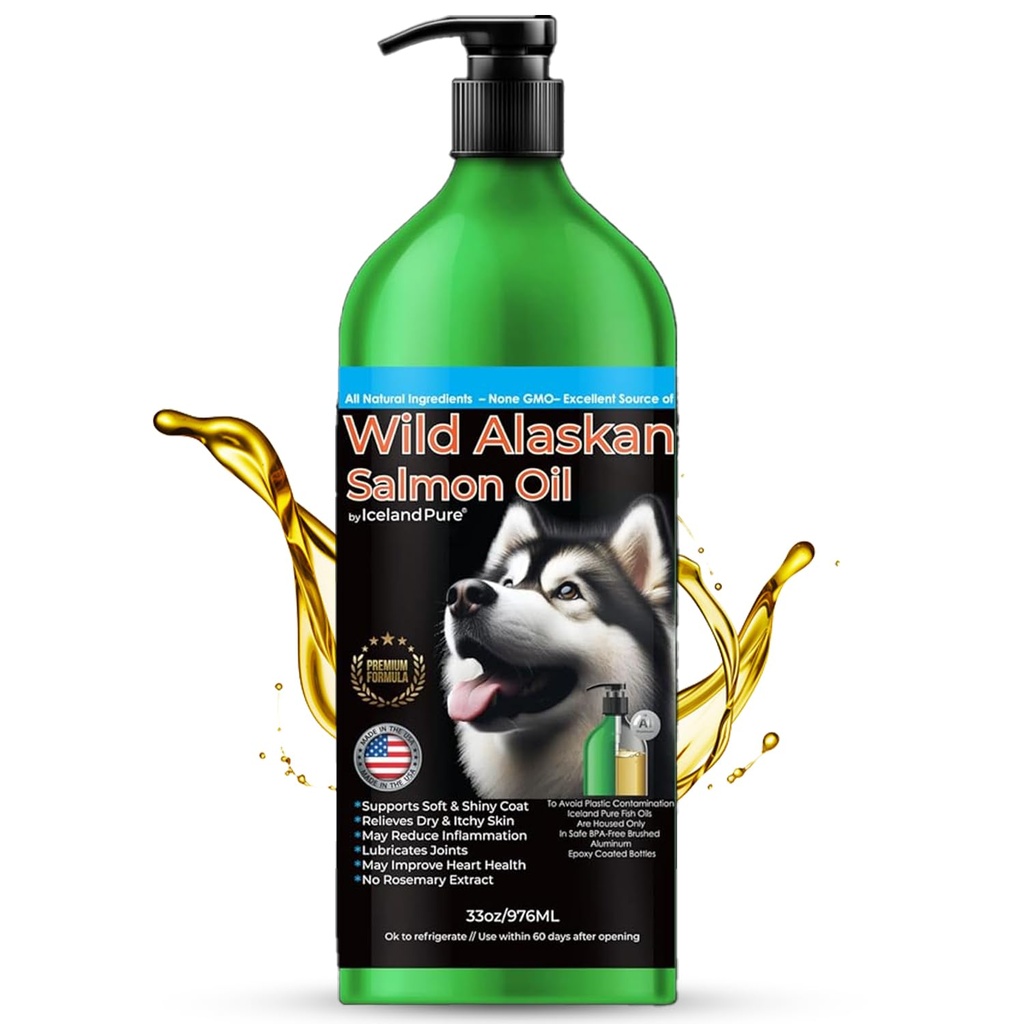 Iceland Pure Wild Alaskan Salmon Oil for Dogs & Cats, Omega-3 Fish Oil, Supplément liquide pour animaux de compagnie, soutient le système immunitaire et la santé cardiaque, 33oz