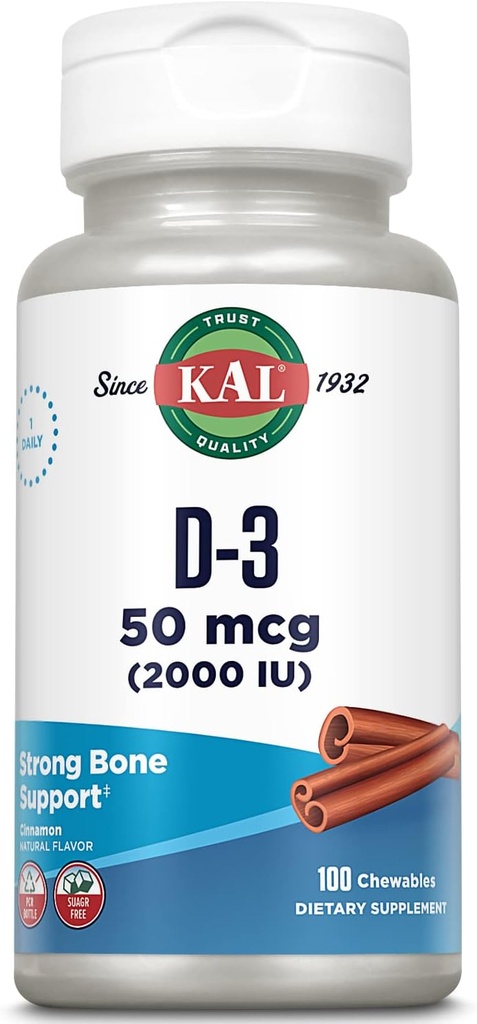 KAL Vitamine D3 Kauwtabletten 50 mcg, Vitamine D 2000 IE als Cholecalciferol, Suikervrij, Natuurlijke Cinnamon smaak D3 Vitamine, Immuun Ondersteuning & Bone Health, 100 porties, 100 Kauwtabletten