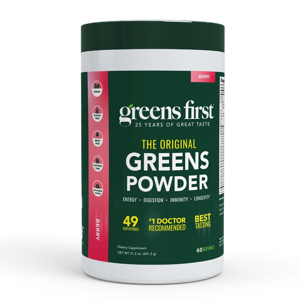 Greens First Original Greens Powder - 49 Superfoods - Organic Fruits & Veggies - Prebiotica, Probiotica & Digestieve Enzymes - Antioxidant Smoothie - Dairy Free, Vegan & Non-GMO (Berry, 60 Servings)