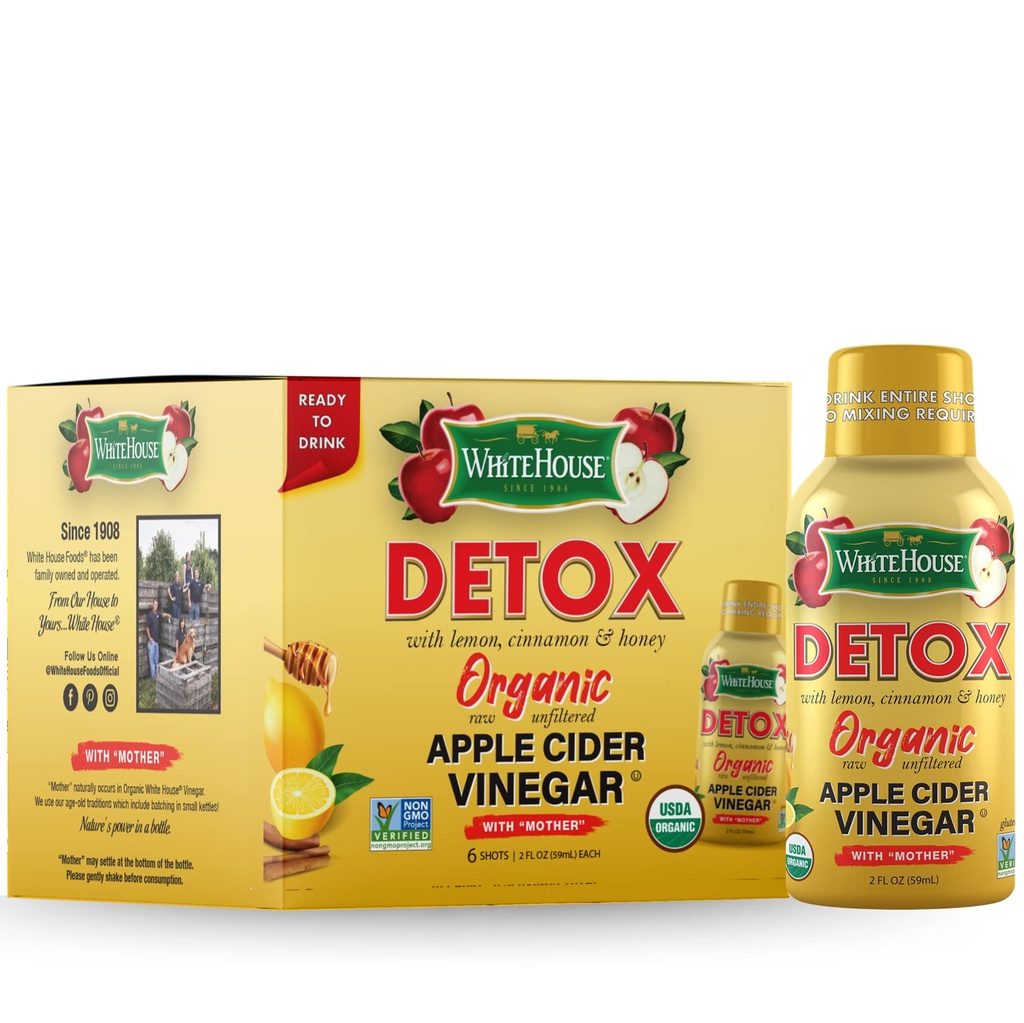 Witte Huis Detox Apple Cider Vinegar Shots, Raw Unfiltered, Onderweg (Detox, Pack van 6)