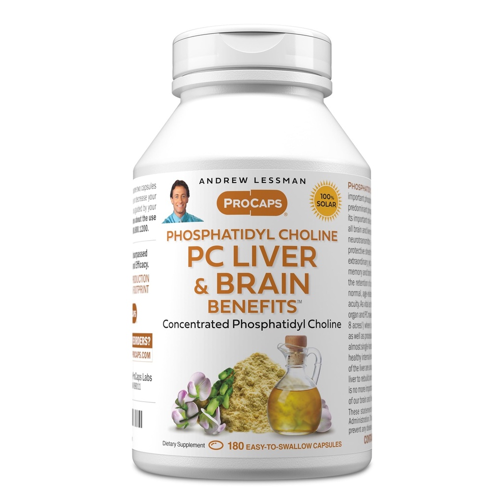 ANDREW LESSMAN PC Lever en hersenen Voordelen 180 Softgels - Fosfatidyl Choline, belangrijkste bouwblok voor gezonde lever en hersenen structuur, functie. Geen additieven. Gemakkelijk te slikken Softgels