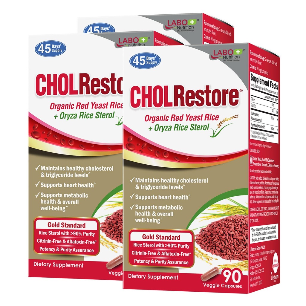 LABO Nutrition CHOLrestore Red Gist Rice with Phytosterol Health Supplement, ondersteunt gezonde Cholesterol niveaus, Citrinine & Aflatoxin Free, 90 Vege Capsules 3x3