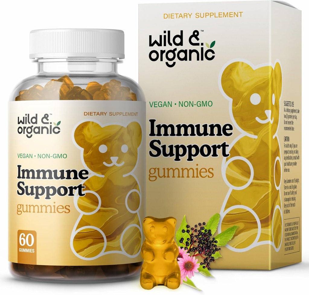 Wild & Organic Immune Support Gummies - Elderberry 1000mg & Vitamin C 500mg - Natural Immune Support Supplement - Vegan Immunity Gummies with Vitamin C D Zinc - 60 Count
