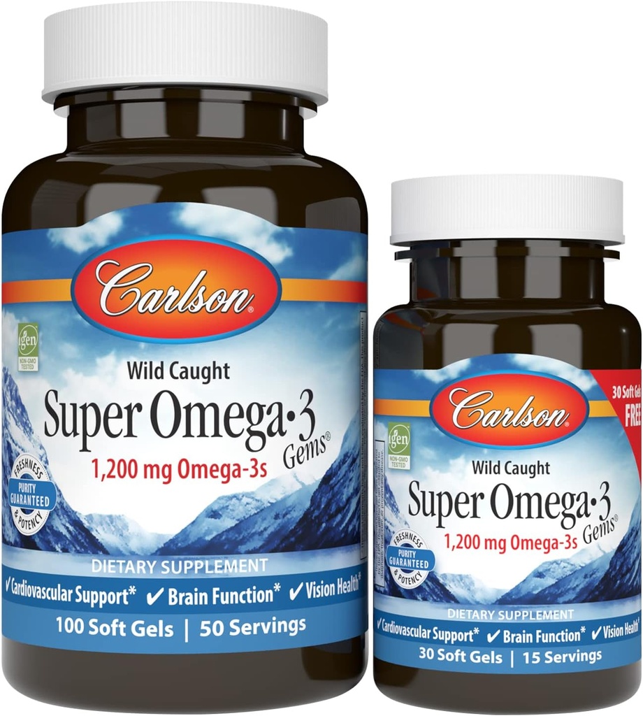 Carlson - Super Omega-3 Gems, 1200 mg Omega-3 Vetzuren met EPA en DHA, Wild-Caught Noorse Visolie Omega 3 Supplement, Duurzaam Bron Omega 3 Visolie, 100+30 Softgels