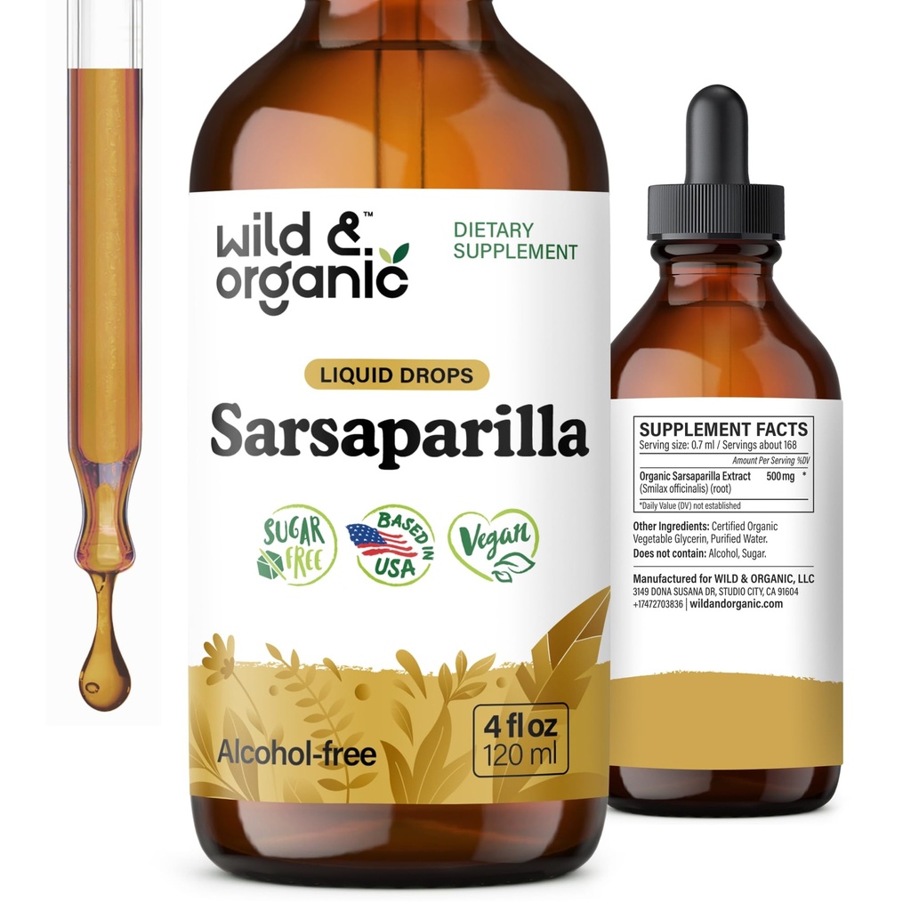 Wild & Organic Sarsaparilla Root Tinctuur - Algemene Ondersteuning - Sarsaparilla Extract Supplement - Veganistisch, Suiker & Alcoholvrije Liquid Drops - 4 fl oz