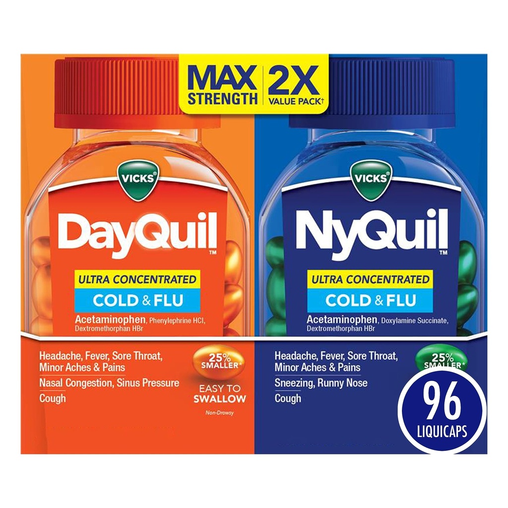 Vicks DayQuil & NyQuil Ultra Geconcentreerde Liquicaps Co-Pack, Cold & Griep Geneeskunde, Krachtige Multi-Symptoom Overdag & Nighttime Relief voor Hoofdpijn, Koorts, Pijn & Pijn & Hoest, 96ct