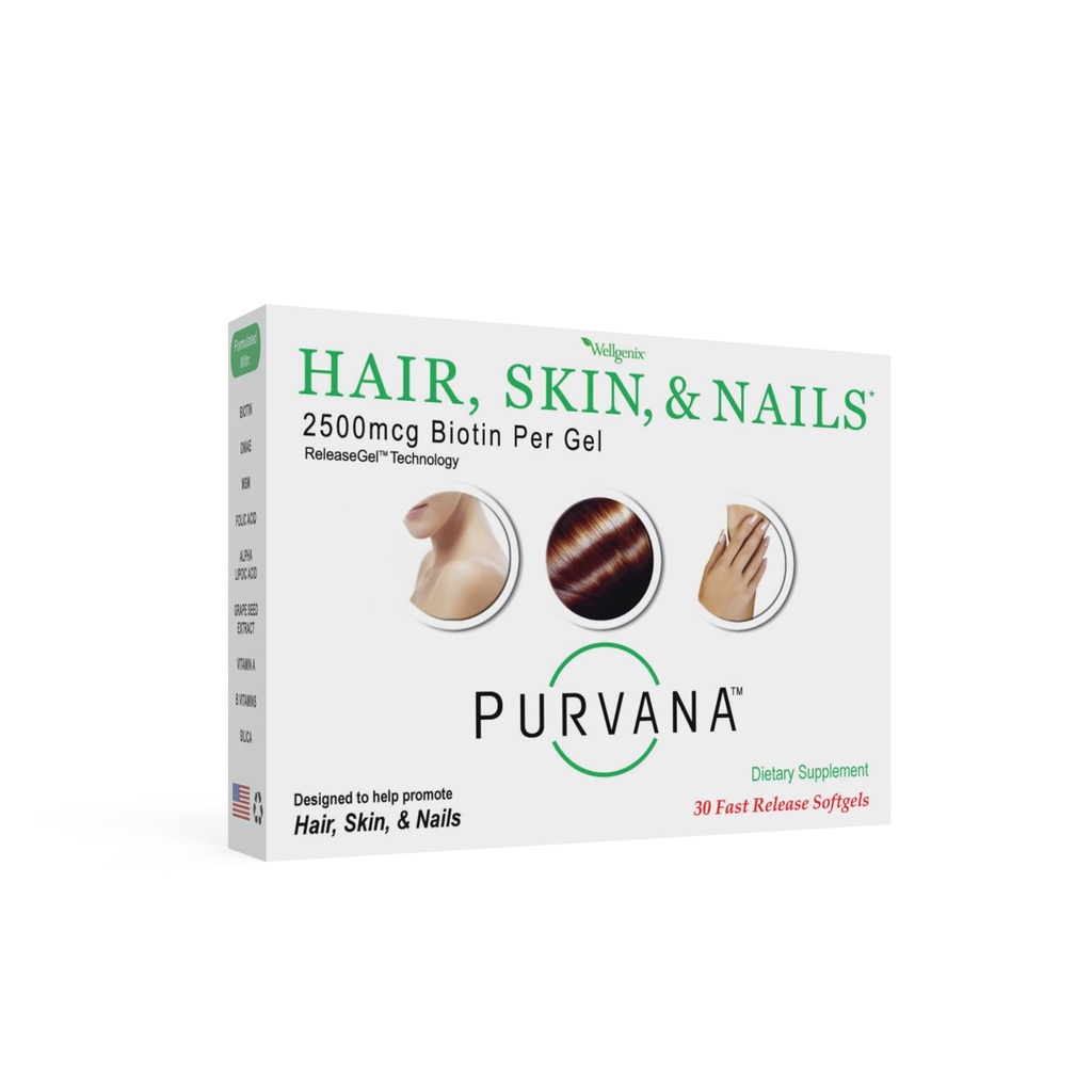 Wellgenix Purvana Haar, huid en nagels Vitamine - 2500mcg Biotine, Foliumzuur, DMAE, Grape Seed Extract - One a Day Softgels - PCOS & Postpartum Haarverlies Ondersteuning - (30 Tellen)