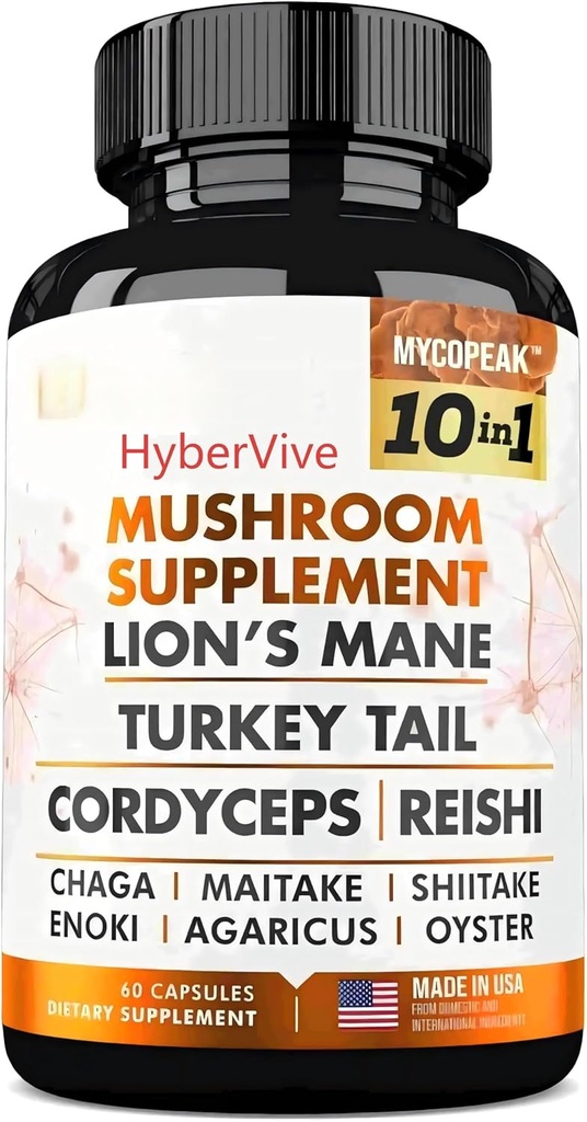 Paddestoel Supplement 10x Complex - Leeuwen Mane, Turkije staart, Cordyceps, Reishi, Chaga, Maitake, Shiitake, Oyster Extract Paddenstoelen - Nootropic Brain Ondersteuning Supplementen voor Geheugen en Focus