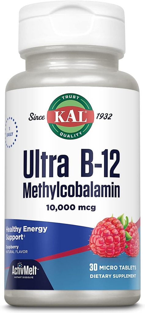 KAL Ultra B12 Methylcobalamine 10.000mcg, High Potency Vitamine B-12 voor gezonde energie, Metabolisme, nerve, Red Blood Cell Support,* Natural Raspberry Flavor, Vegetarisch, 30 Micro Tablets, 30 Servers