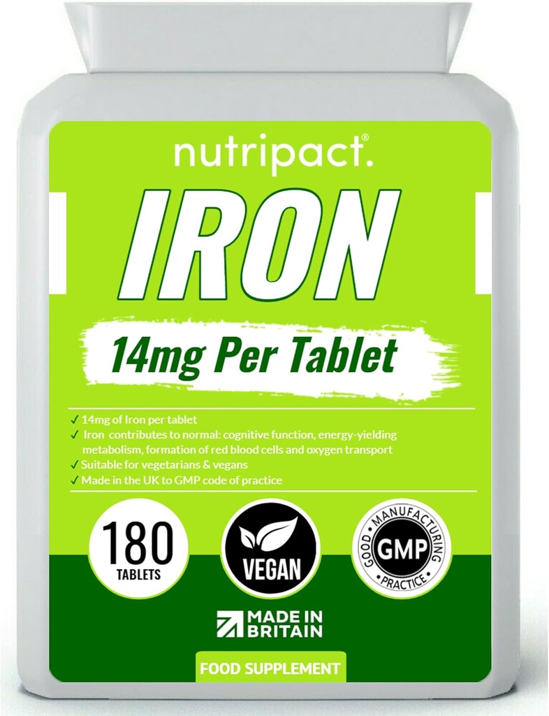 Comprimés de fer 14mg - Formule facile à avaler un par jour - Aide à réduire la fatigue et la fatigue, Booster d'énergie, soutient le système immunitaire, la formation de globules rouges de sang - 6 mois d'approvisionnement - 180 supplément végétalien