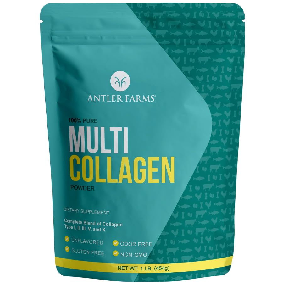 Antler Farms - Multi Collageen Proteïne Poeder - 5 Types (I, II, III, V en X) 100% Pure Gehydrolyseerde Collageen Peptiden voor mannen en vrouwen - Biobeschikbaarheid, Snelle Absorptie - Ongearomatiseerd - 1 lb