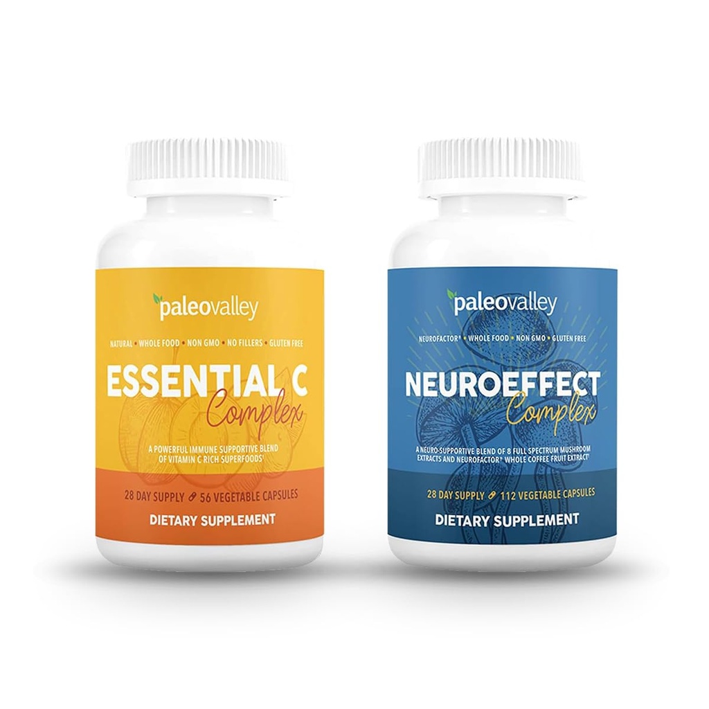 Paleovalley NeuroEffect + Essential C Complex Bundle - Neuro Mushroom Koffie Extract, Vitamine C Supplement 450g Focus, Geheugen, Energie, Immuun Ondersteuning, Biologische Superfoods