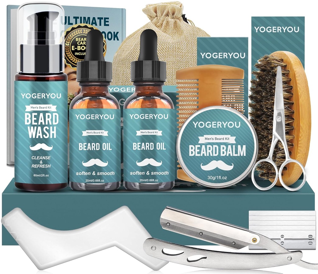 Baard Kit, Baard Grooming Kit voor mannen W / Straight Razor,2 PACK Baard Olie, Wash, Balm, Borstel, Comb, Schaar Heren Verjaardag Kerstcadeaus voor mannen Vriend Man Baard Trimmen Scheerset