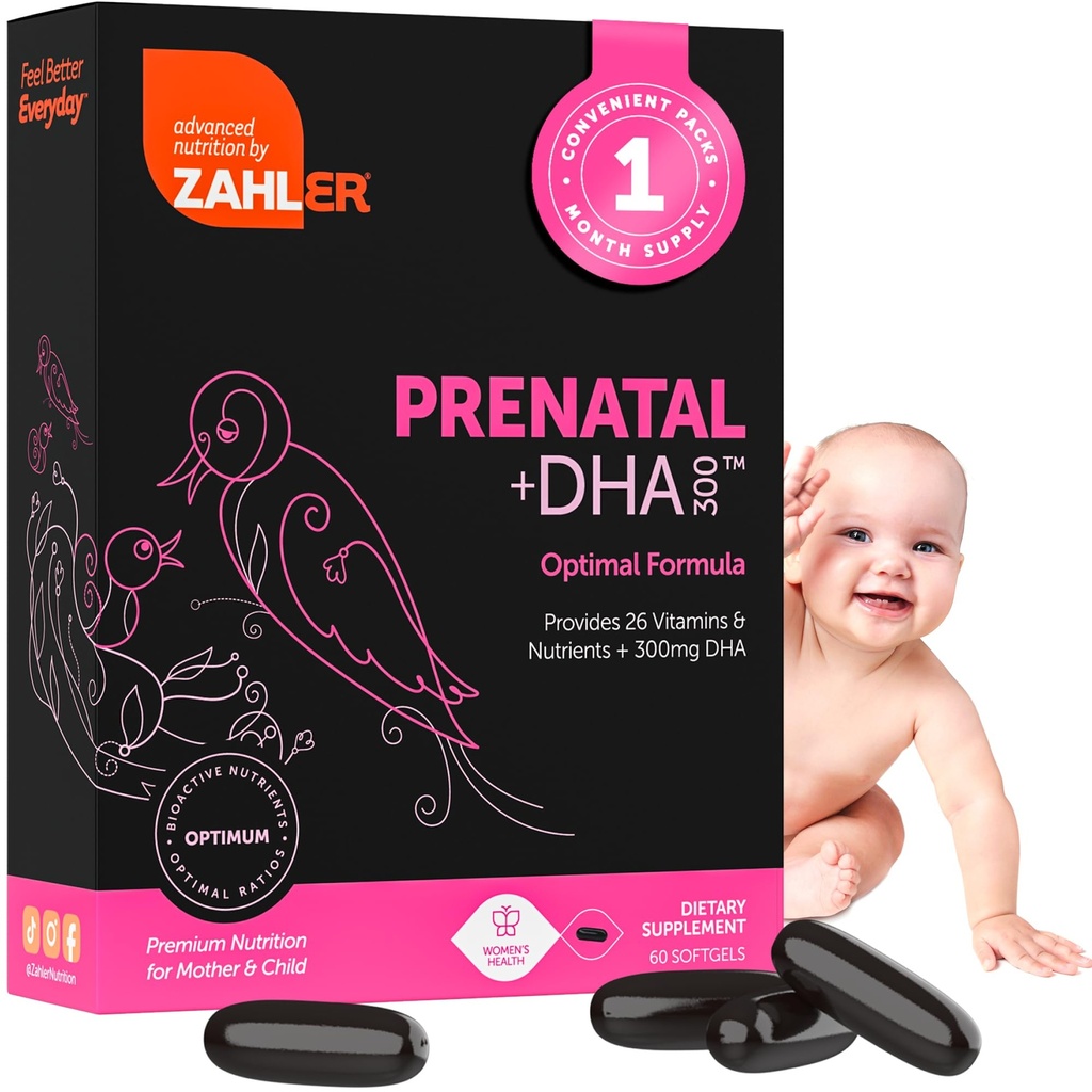 Zahler Vitamine prénatale avec DHA et folate - Suppléments DHA et multivitamine prénatale pour la mère et l'enfant - Casher Vitamines prénatales DHA avec fer, softgels prénataux 60 Compte