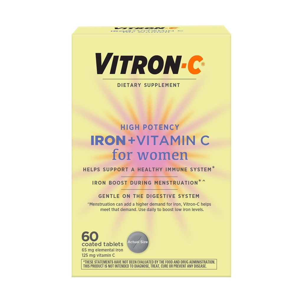 Vitron-C ijzersupplement voor vrouwen met vitamine C, voor de productie van rode bloedcellen en immuunondersteuning, 60 tellingen