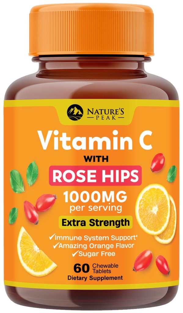 Vitamine C 1000mg Supplément à croquer - Extra Strength Immune Soutien Vitamine C Supplément alimentaire avec Rose HIPS, Nature VitamineC Antioxydant Support, Naturel, Végétalien, Arôme Orange - 60 comprimés