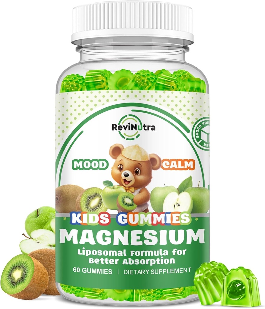 Enfants liposomiques Magnésium Gommies- Magnésium Glycinate Gommies pour enfants Supplément-w/Omega-3, Vitamine B6, D3- Soutien Calm Stress Relief, Bones, Mood, Green Apple & Kiwi Flavor, 60 Comte