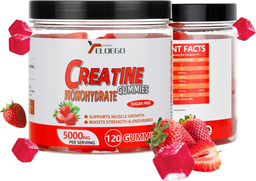 Creatine Monohydraat Gummies 5000mg Suikervrij voor mannen en vrouwen, met L-Taurine + Vitamine B12 voor spierkracht, spier Builder, Energie Boost, Pre-Workout Supplement, Aardbei, 120 Tellen
