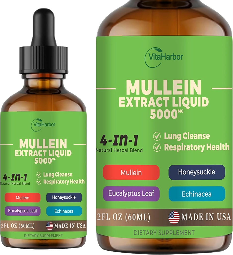 4-in-1 Mullein Drops for Longs, Organic Mullein Leaf & Honeysuckle & Eucalyptus Leaf & Echinacea Extensions, for Lung Cleanse, Immune & Respiratory Support, Sugar-Free 