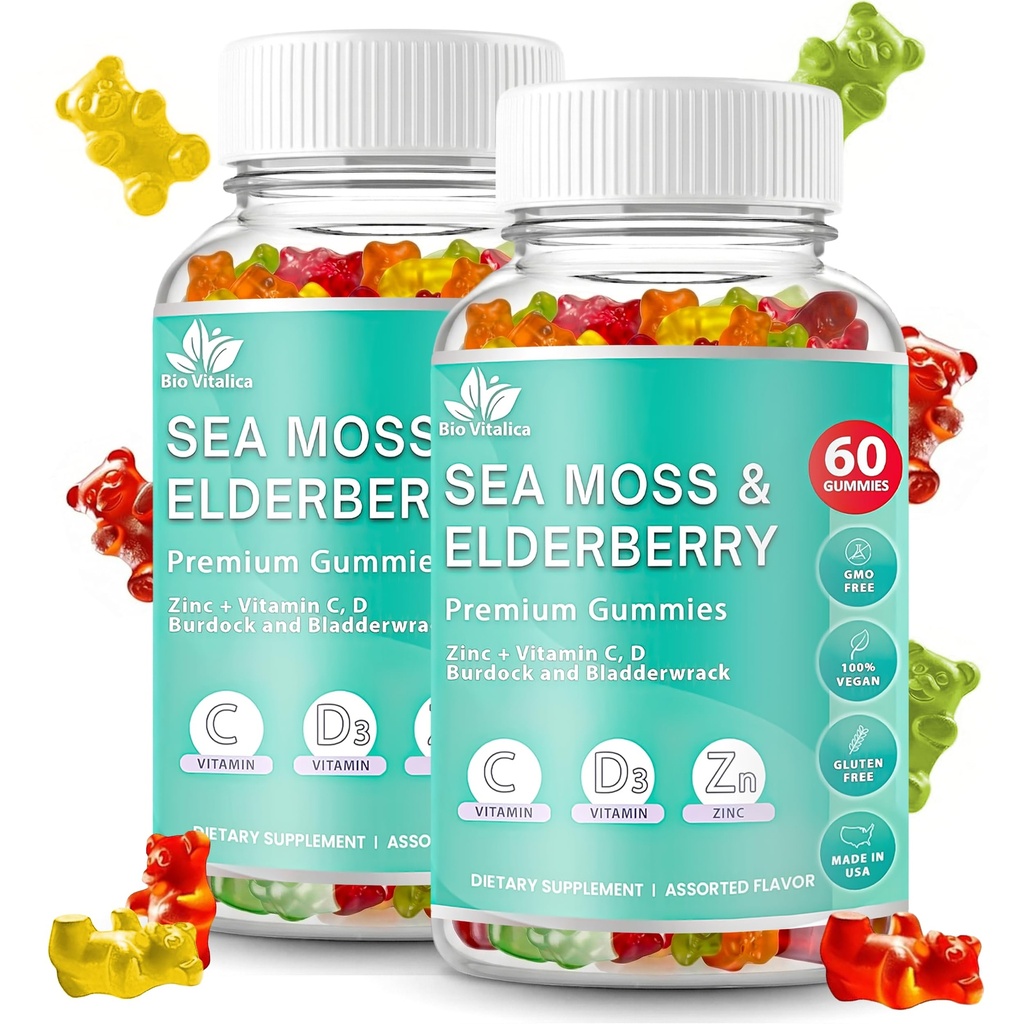 BIO VITALICA Sea Moss Gummies Elderberry BioVitalica - Vitamine C D + Zink - Ierse Seamos Vegan Gummy with Sea Moss Gel & Powder for Immunity, Detox - voor volwassenen en kinderen (2Packs)
