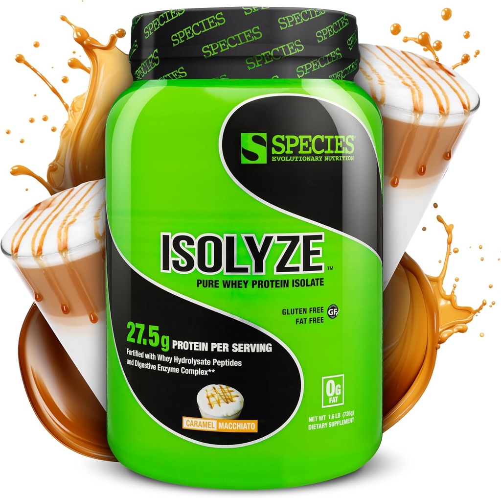 Espèce Nutrition Isolyze Poudre de protéines de lactosérum, 100 % d'isolat de lactosérum pour la musculation, 27,5 g de protéines par scoop, sans sucre et faible en gras (Caramel Macchiato, 22 portions)