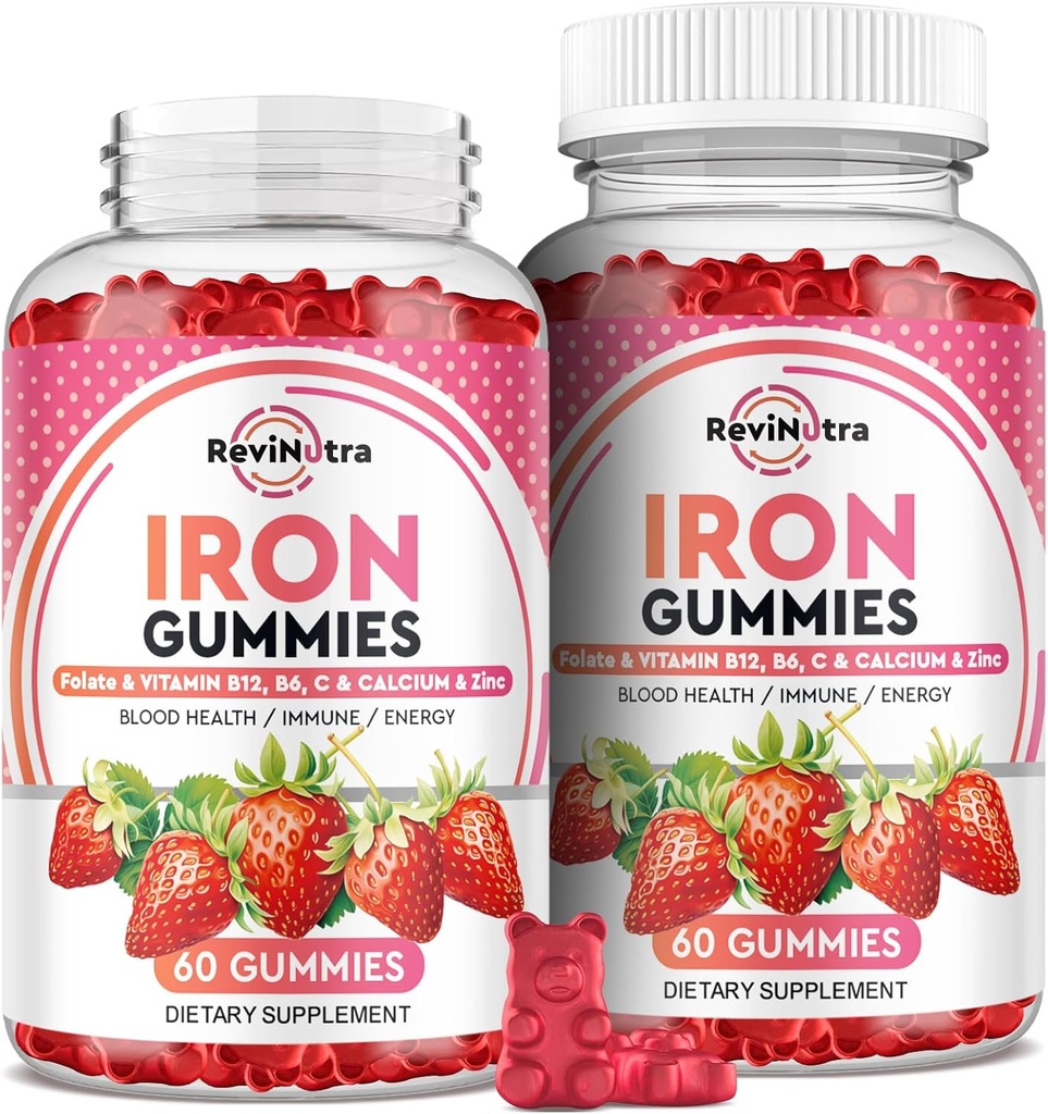Gommies de fer - avec Calcium, Zinc, Folate et Vitamine B12, C, B6 pour adultes et enfants - Constructeur de sang et soutien énergétique pour l'insuffisance en fer, Anémie, Vegan - 2 packs de saveur de fraise,60 Gommies
