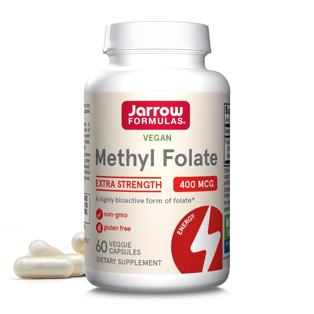 Jarrow Extra Strength Methyl Folate, Folate 400 mcg, 60 Capsules | Dietary Supplement for Cardiovascular and Neurologic Health Support, 60 Day Supply