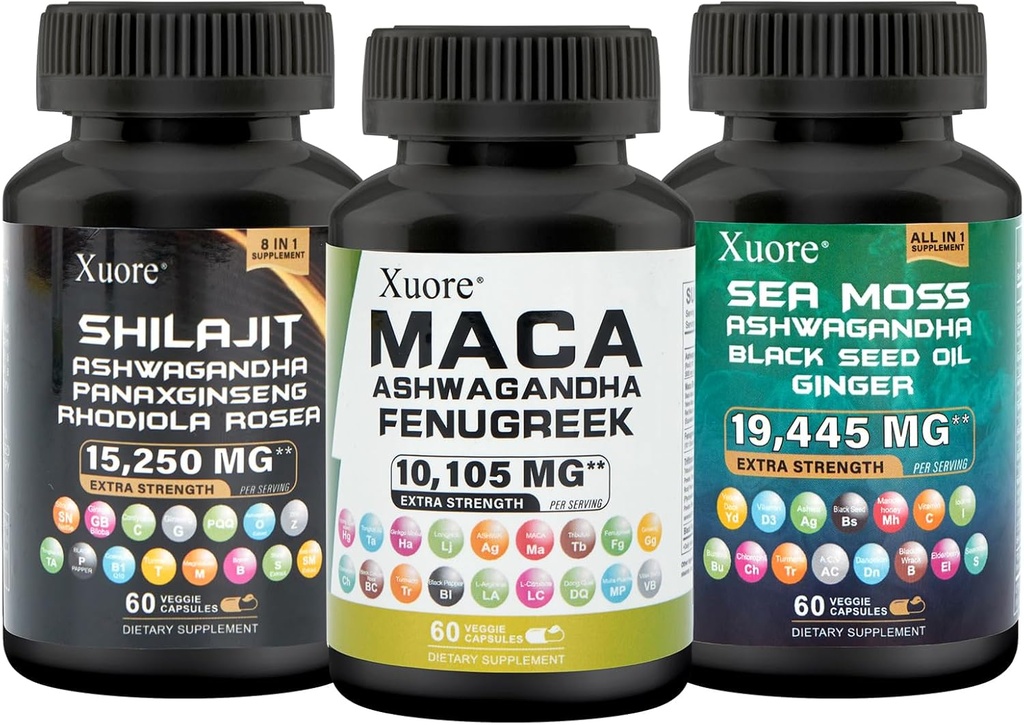 Ensemble de mousse de mer, Shilajit,Maca, Huile de graines noires, Ashwagandha, Ginger, Shilajit, Rhodiola Rosea, Panax Ginseng, Maca Root, Fenugreek, Trifibanol100X,Tous en 1 Suppléments (1 Pack)